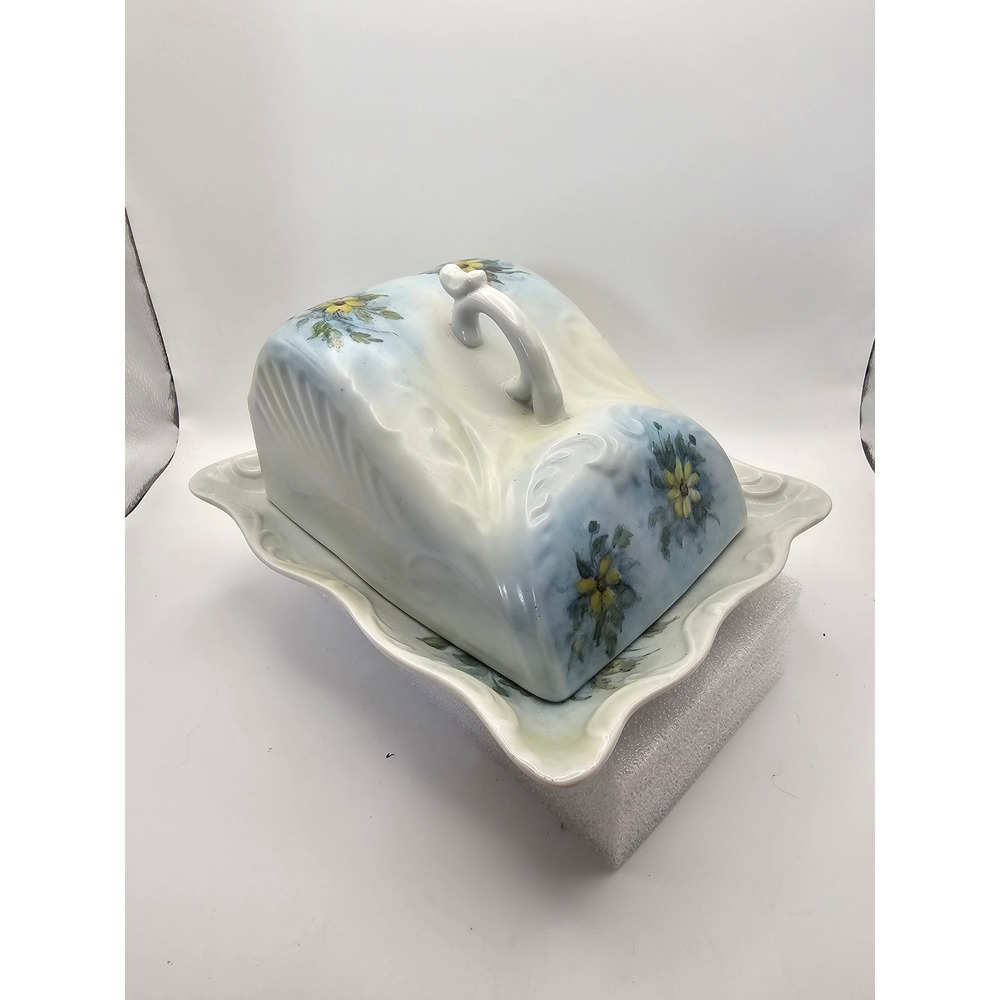 Vintage Hand Painted Floral Porcelain Cheese Dish Butter Keeper Blue Yellow